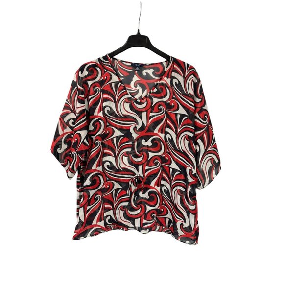 Y2K Chaps Womens Sheer Top Size 1X Abstract Tunic Blouse Red Black White - Picture 1 of 7